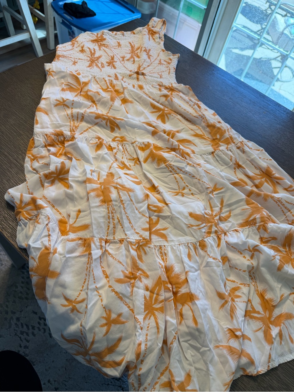 White & Orange Palm-Print Tiered Maxi Dress. Bin 76.